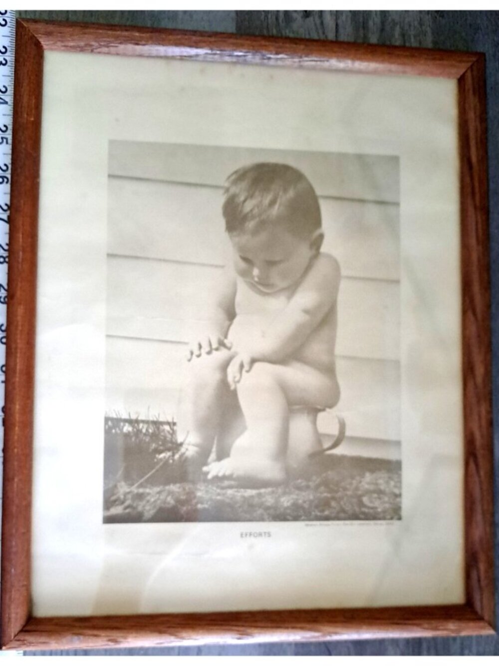 Vintage Print Framed Toddler On The Potty "Efforts"  15"X 12" Glass Pane